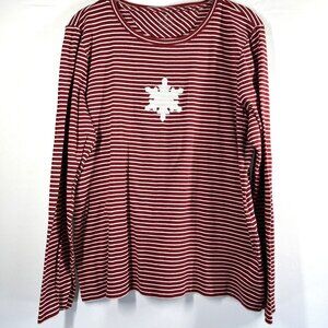 Talbots Top XL Red White Striped Sequin Snowflake 100% Pima Cotton Long Sleeve